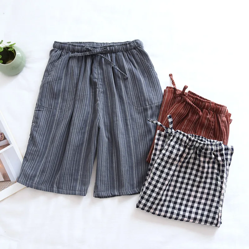 

Домашняя летняя газовая полосатая пляжная одежда для отдыха, повседневная мужская Тонкая свободная одежда для сна, Шорты для сна, штаны, двухслойные шорты, шорты