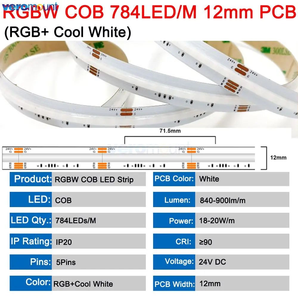 Светодиодная лента с регулируемой яркостью RA90 FCOB 4 в 1 5 м 784 светодиодов/м