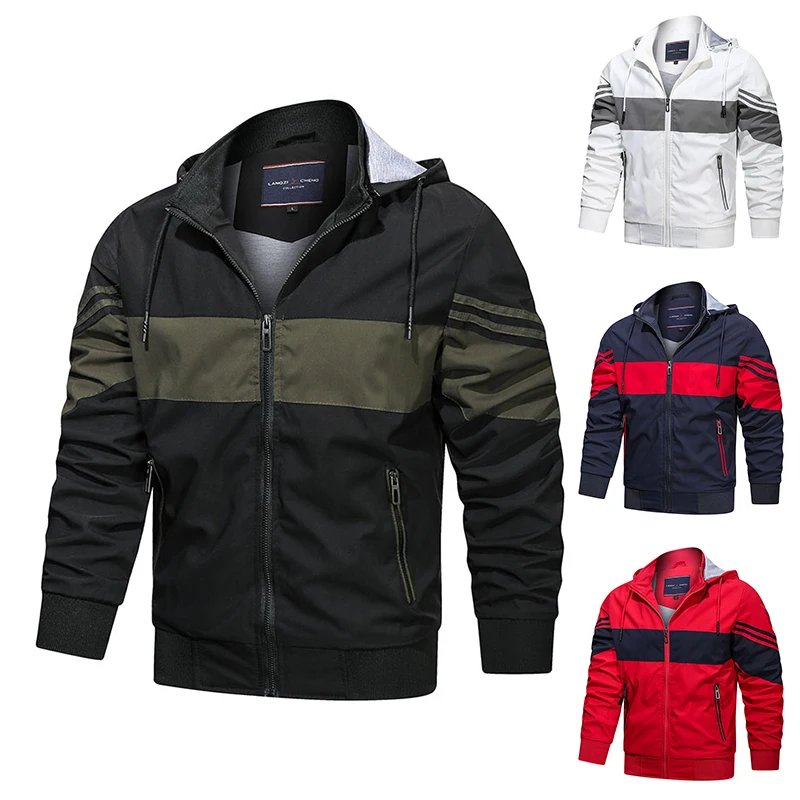 

Men Spring Autumn Single Polyester Jacket Contrast Color With Detachable Hood Coat Causaul Jacket With 4 Colors For Male