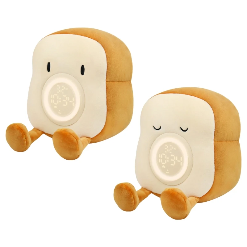 Soft Plush Toast Alarm Clock Bedroom Bedside Night Light Alarm Clock