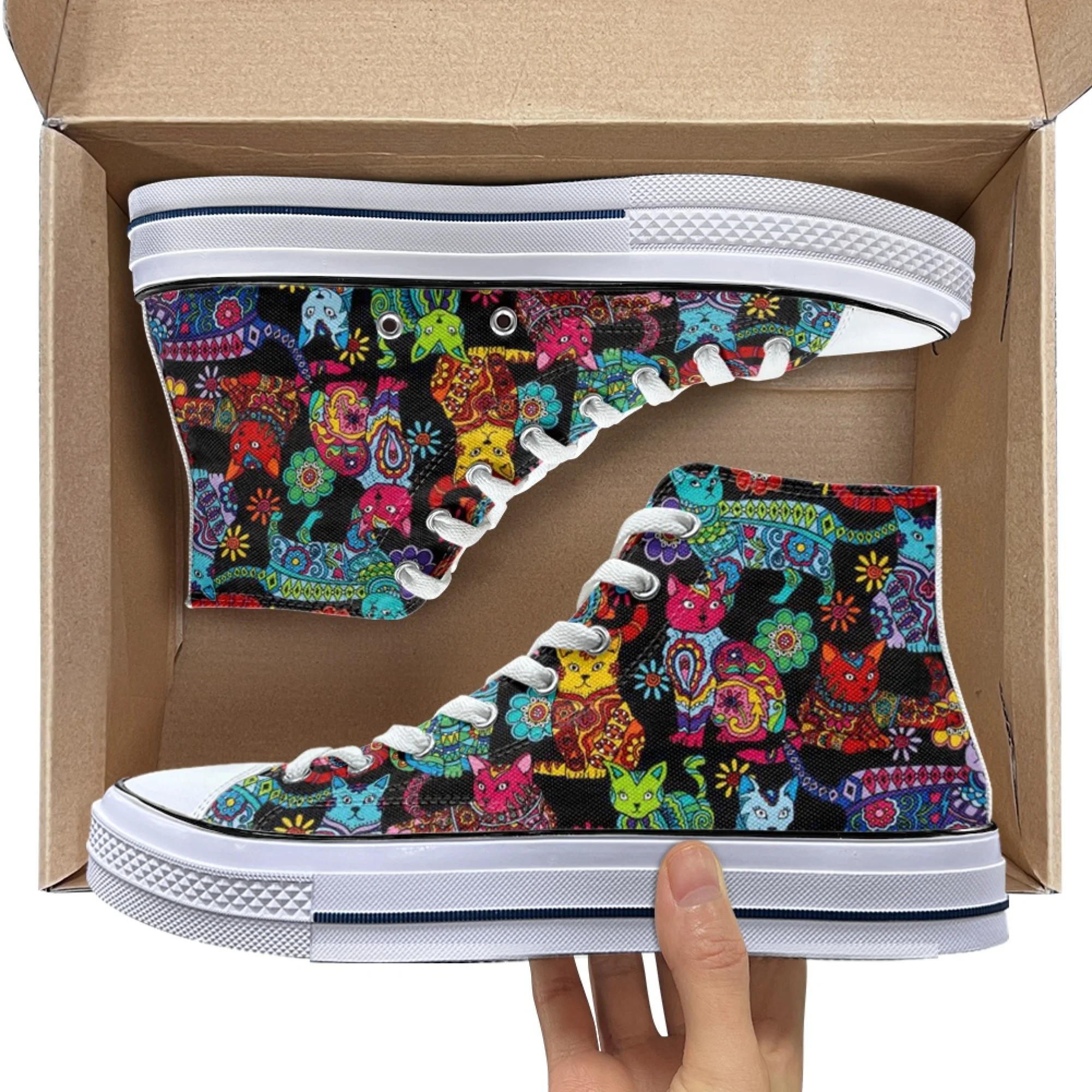 ELVISWORDS красочные женские парусиновые туфли на плоской подошве с принтом кошек