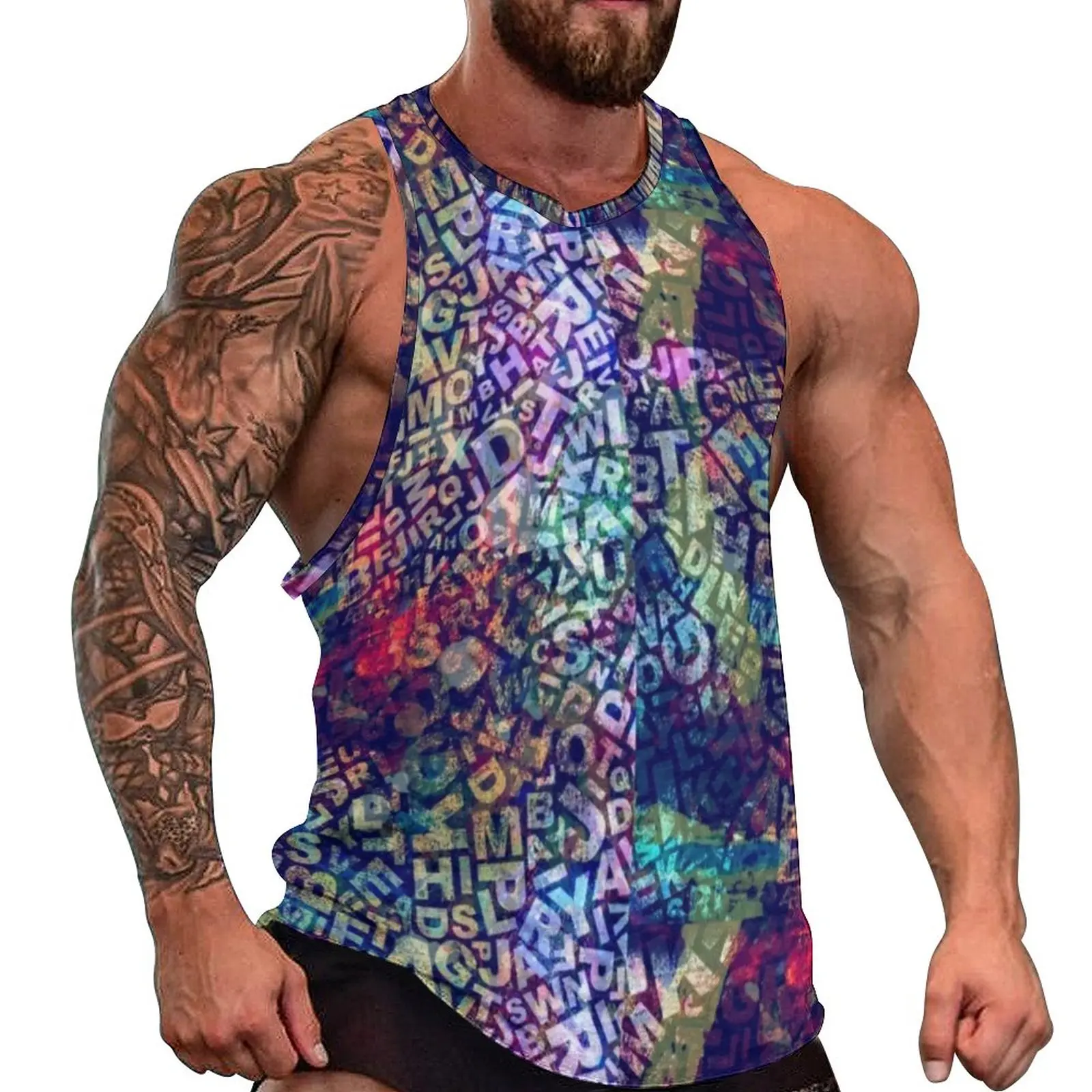 

Abstract Letters Print Tank Top Mens Random Word Jumble Bodybuilding Oversized Tops Summer Sportswear Design Sleeveless Vests