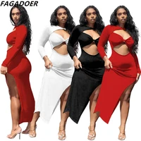 fagadoer sexy hollow out high slit side dresses women solid color long sleeve mid dress vestidos fall fashion party club clothes