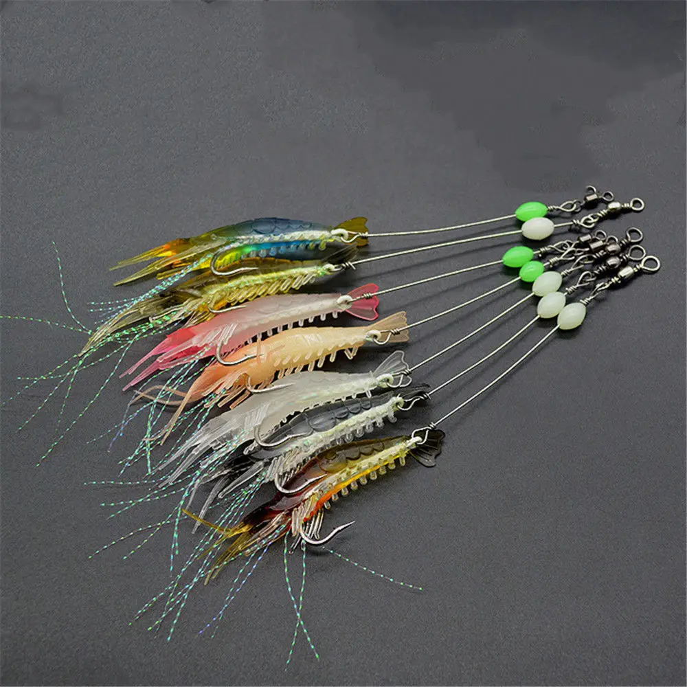 7pcs 8cm 5g Luminous Fake Shrimp Soft Silicone Artificial Bait with Bead Swivels hook for fishing Sabiki Rig Fishing Tackle Sea