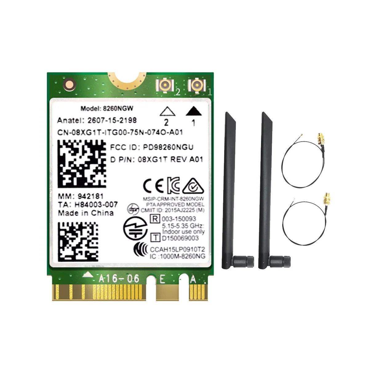 

8260 8260NGW WiFi Card+2X8DB Antenna 2.4G/5Ghz 867M Bluetooth 4.2 NGFF M.2 WiFi Wireless Card Module for Intel AC 8260