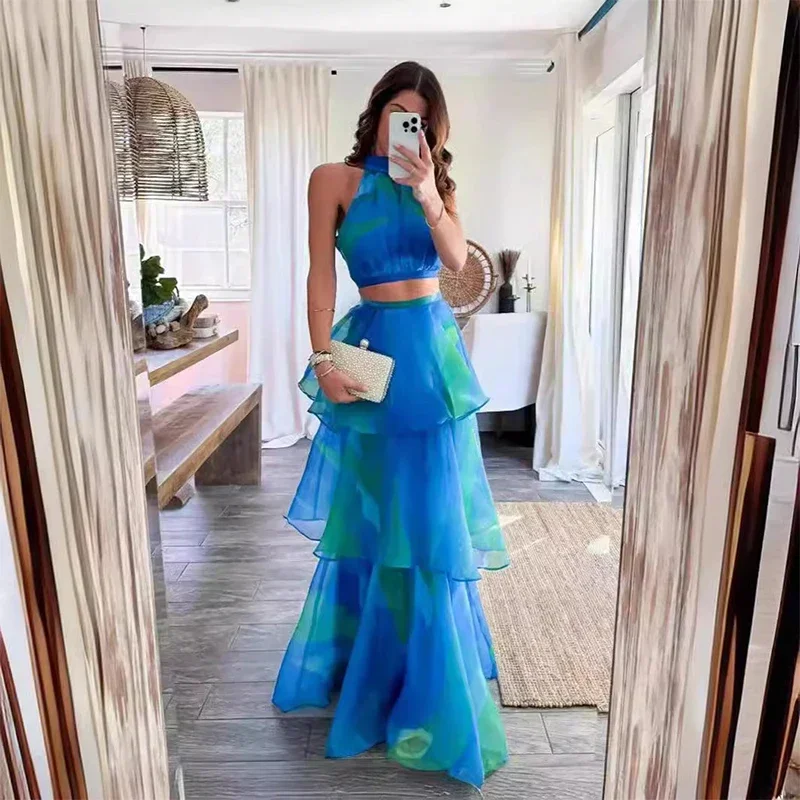 Женский костюм для отпуска из двух предметов повседневный топ без рукавов и юбка