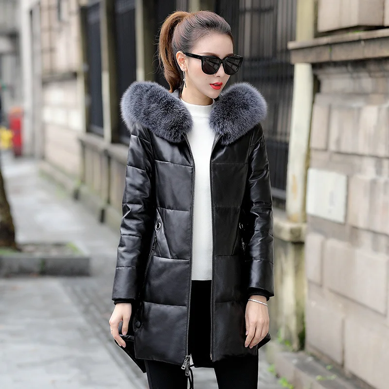 

2023Leather jacket,Genuine Sheepskin Leather Jacket 90% White Duck Down Women's Jackets Fox Fur Collar Hooded Coat Feamle Chaque