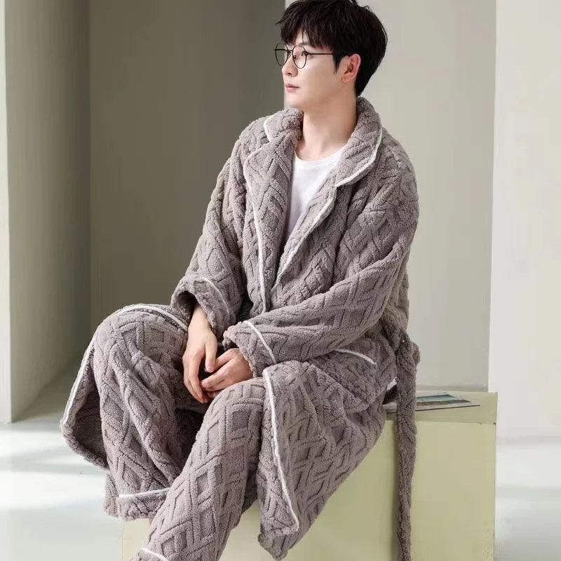 

Мужская зимняя бархатная ночная рубашка кораллового цвета, плотный теплый комплект из 2 предметов, одежда для сна, Свободная Домашняя одежда с отложным воротником, женская пижама