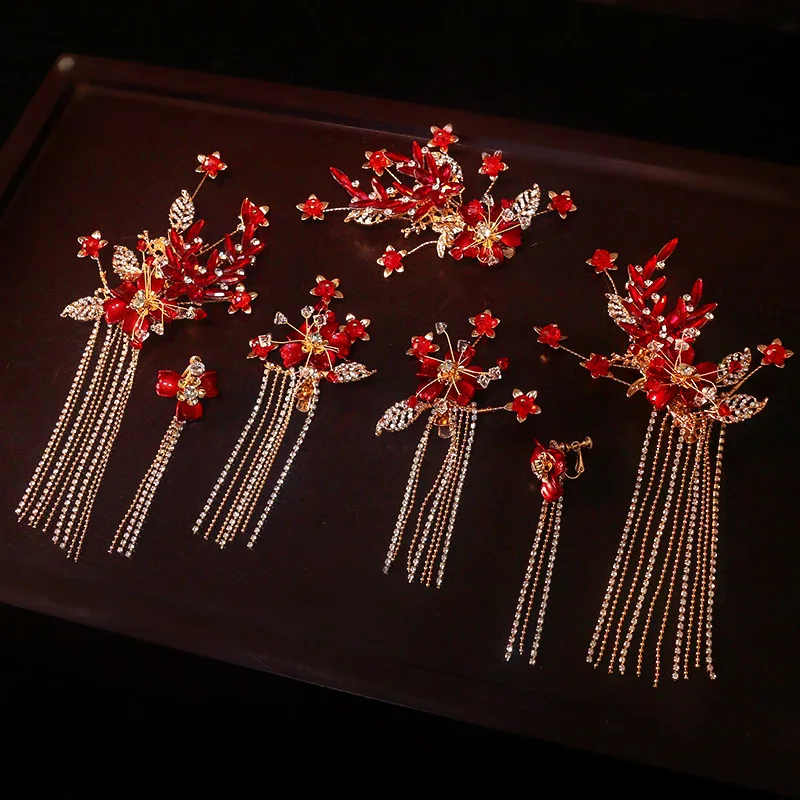 

new simple and grand Chinese tiara tassel crystal bride wedding headdress tassel Phoenix crown red female