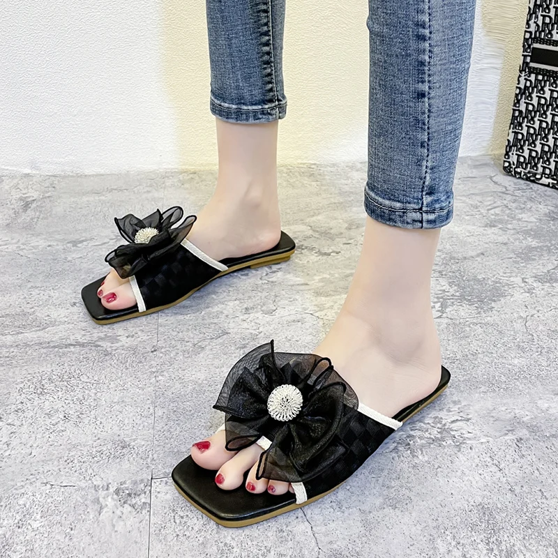

Women's Flats Home Slippers Summer Mesh Butterfly-knot Slides Ladies 2022 Outdoor Beach Sandals Shoes Large Size 35-43 For Women