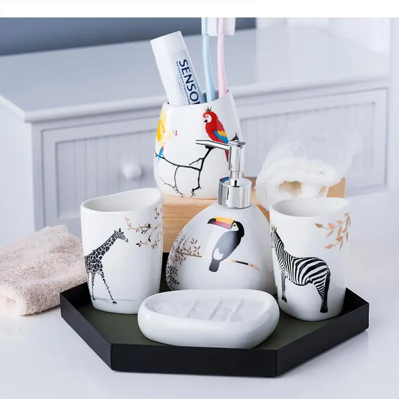 

Ceramics Bathroom Accessories Set Animal Soap Dispenser/Lotion Bottle/Toothbrush Holder/Tumbler/Soap Dish Bathroom Products