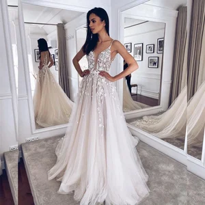 Bohemian Lace Applique Wedding Dresses Deep V-Neck Spaghtti Strap Tull Bridal Gown Open Back Court T in Pakistan
