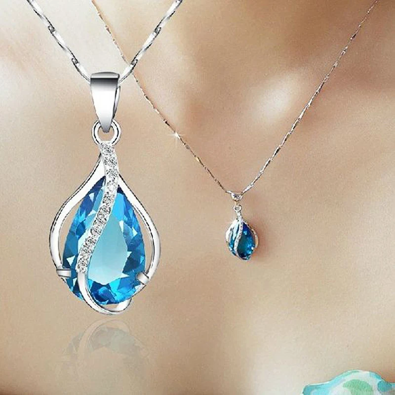 

New Romantic Sky Blue Water Drop Cubic Zirconia Necklace Women Engagement Wedding Luxury Neck Accessories Statement Jewelry