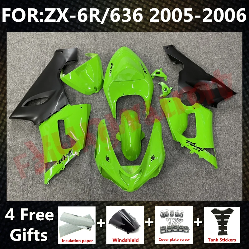 

Комплект обтекателей для мотоцикла, подходит для Ninja ZX-6R 2005 2006 ZX6R zx 6r 636 05 06, полный комплект обтекателей для кузова, зеленый, черный