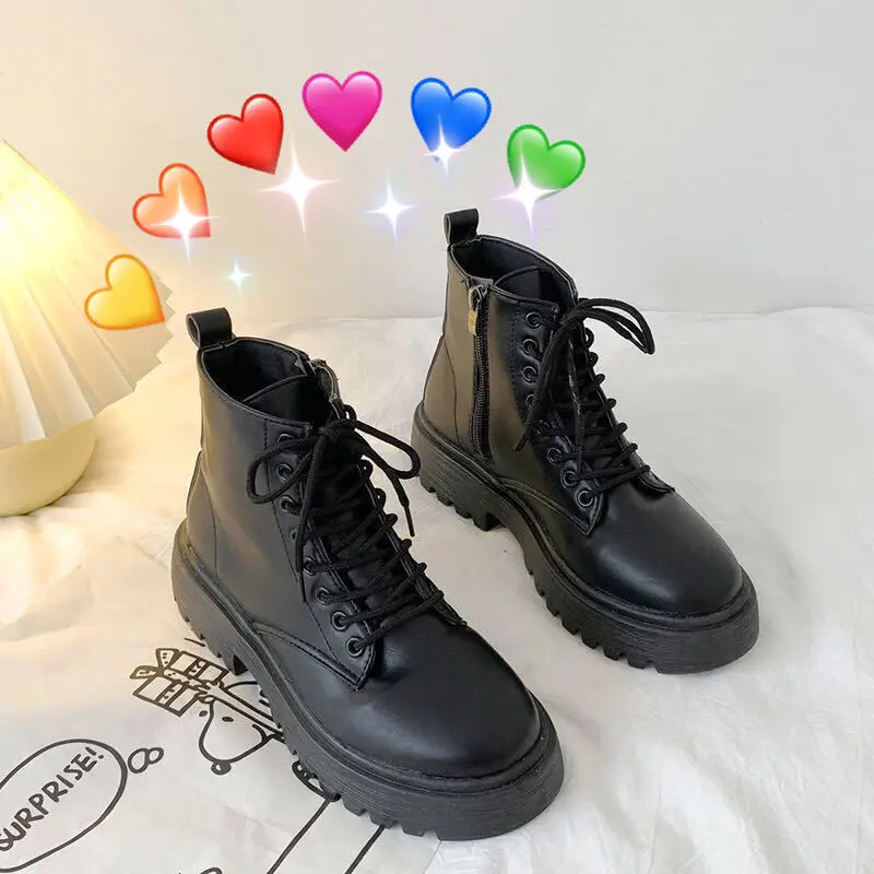 2022 New Non-slip Spring Women Ankle Boots Fashion Lace-up Flat Ladies Casual Sewing Black Solid Color Female Big Size Shoes