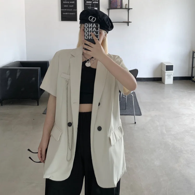 Womens Thin Blazer Jackets with Chain for Korean Fashion Trends Gothic Clothing Teenage Loose Streetwear Short Sleeve Suit Tops