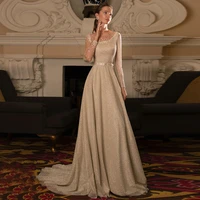 shiny long sleeve wedding dress asymmetrical a line scoop neck sweep train vintage bridal gown button back vestido de novia 2022