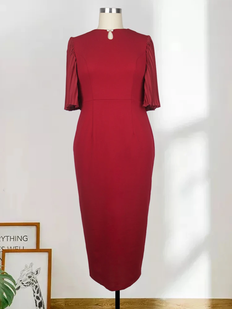 Red Dresses Plus Size Women O Neck Short Pleated Sleeve Sexy Bodycon Midi Gowns Birthday Cocktail Even Dress Outfits 2022 Summer