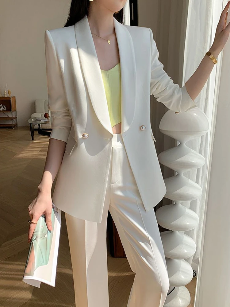 

New Women Office White Blazer Pantsuit Elegant Casual Loose Jackets Wide Leg Trousers 2 Pieces Set Female Korean Fashion Outfits