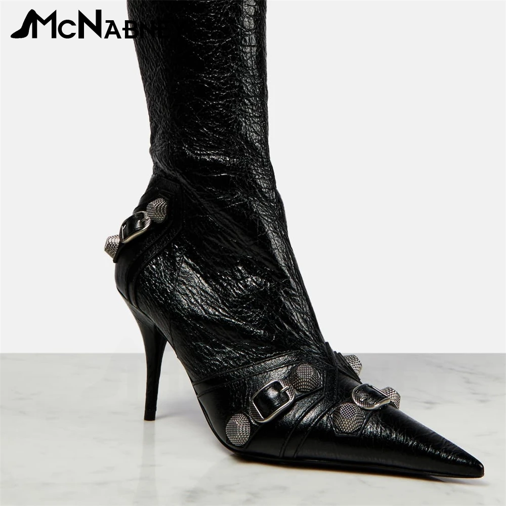 Leather Over-The-Knee Boots Pointed Toe Stiletto Boots for Women Metal Rivet Accessories Luxury Fashion Designer High Heel Boots