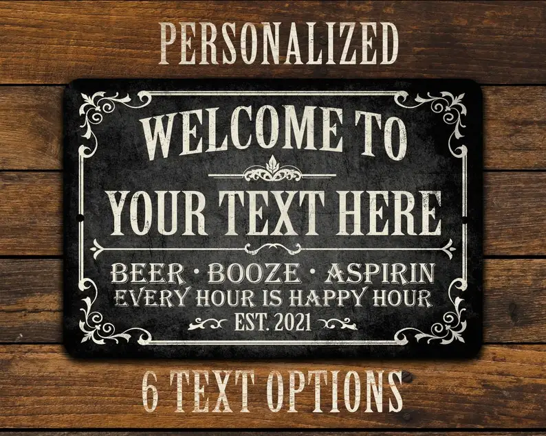 

Custom Wood Appearance Metal Bar SignPersonalized Black Metal Bar Sign VintageStyle