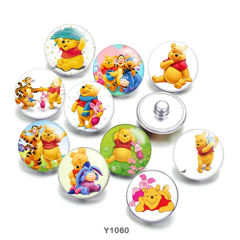 

disney Winnie the Pooh 12mm/18mm Glass Snap Button for Snap Bracelets Jewelry Gift For Girls X1060