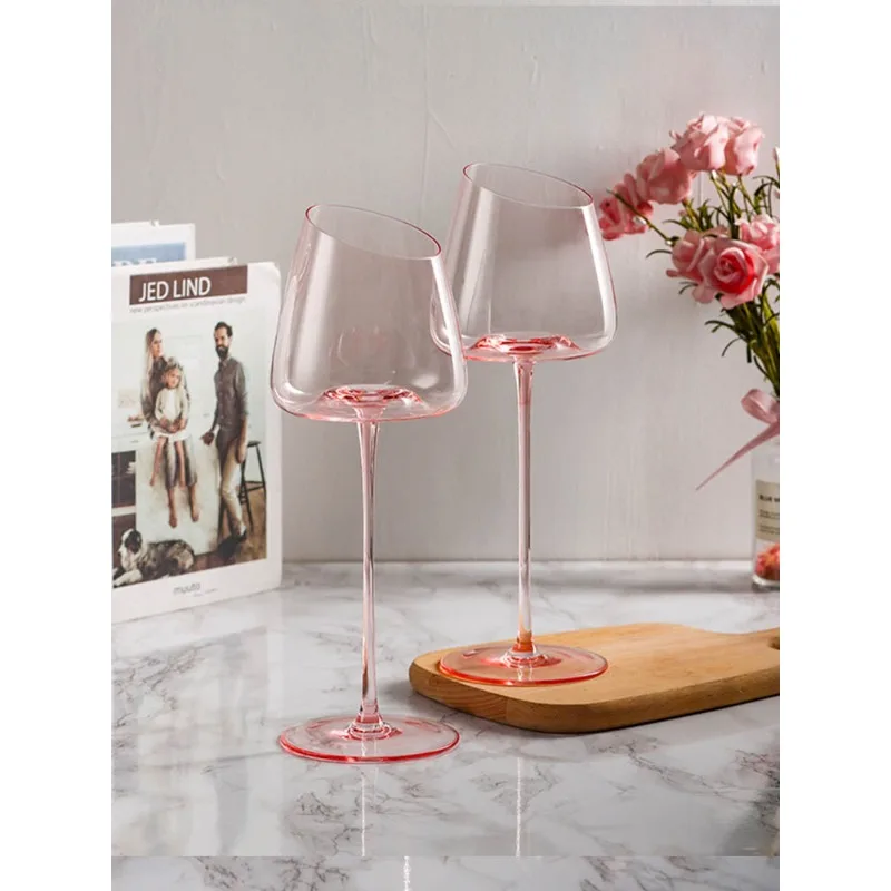 Ins pink red wine glass crystal glass pink Stemware luxury slant mouth high beauty wine cup gift box