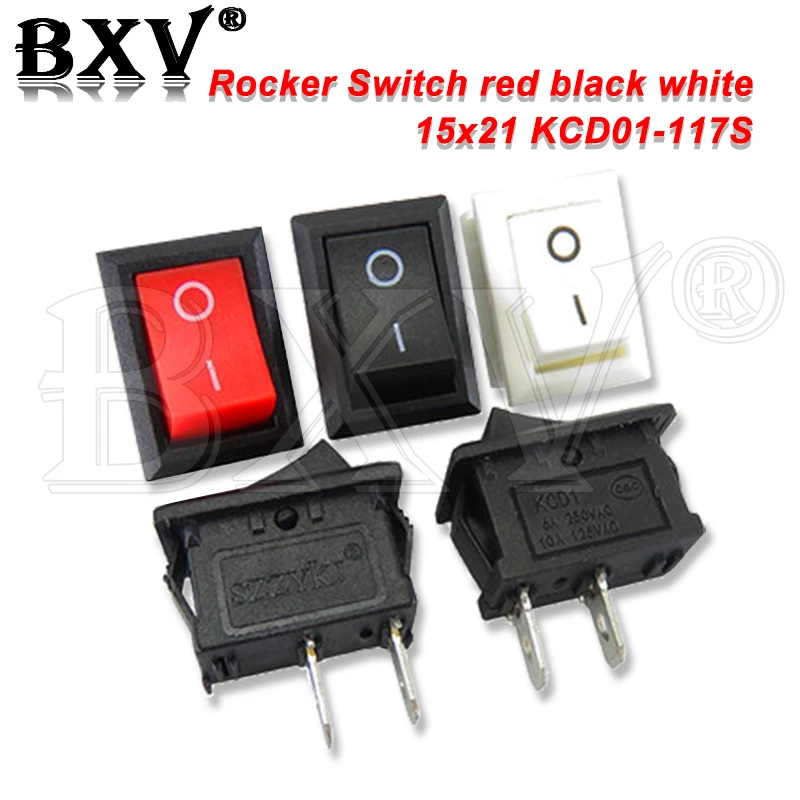 10 шт., планшетовый переключатель 15x21 KCD01 15*21 мм, 2 контакта, черный, красный, белый, ВКЛ./ВЫКЛ., SPST, AC 6A/250V 10A/125V