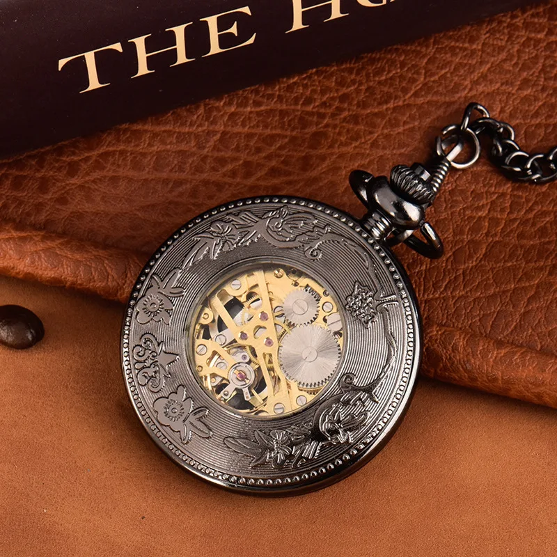 Luxury Dragon Mechanical Pocket Watch for Men Women Hollow Skeleton Case Roman Numeral Dial Fob Chain Pendant Clock Collection