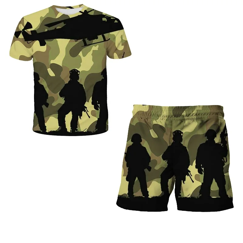

2023 Popular Camouflage 4-12Y Boys Suit Military Print Clothes Girls 3D men Children Summer Clothing Kids Tops T-shirt shorts