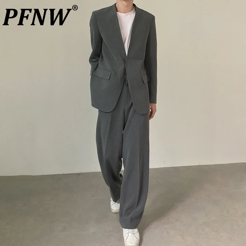 

PFNW Spring Summer Men's Darkwear Suit Set Leisure Slit Collarless Design Baggy Handsome Popular Blazers Coat Tide Pants 12A8445