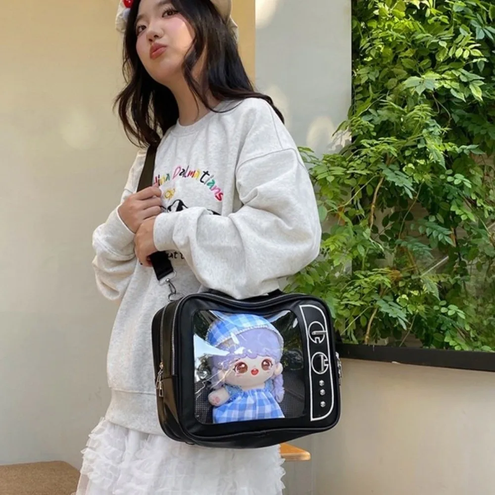 Фото Рюкзак PU TV Model Ulzzang с прозрачным отделением, большой вместимости, легкий, с прозрачным слоем для демонстрации, сумка через плечо для коллекций №1