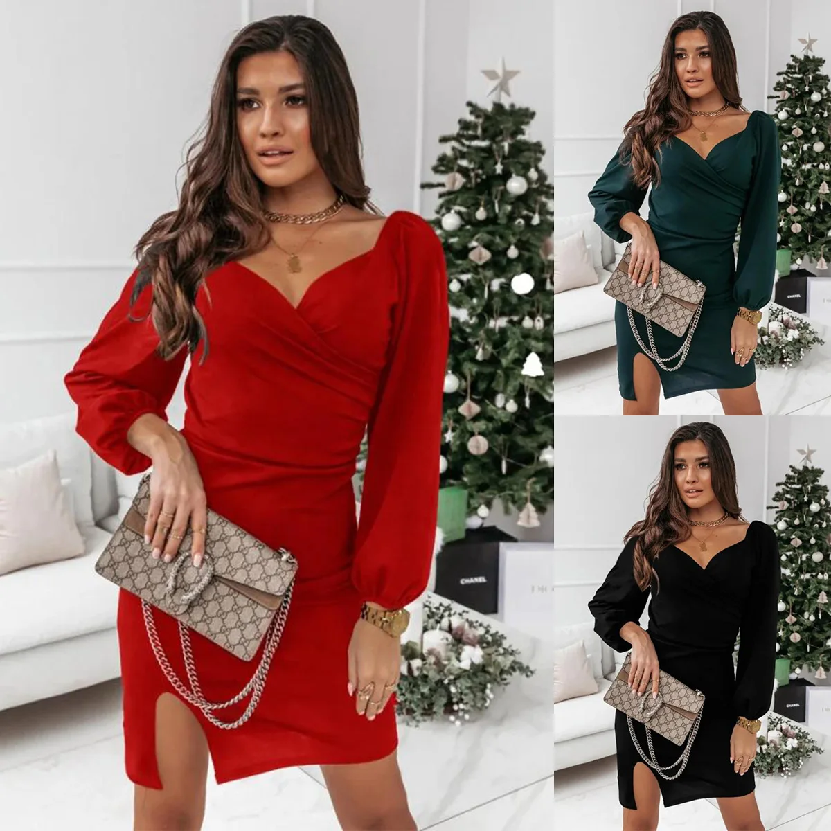 

Women Sexy Long Sleeve Autumn Winter V Neck Cross Party Club Split Short Dresses