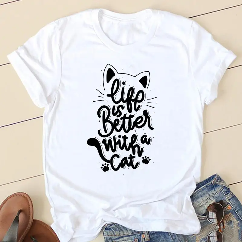 

Short Sleeve Cat Letter Trend Cute Ladies Women Tshirts Fashion Casual Summer Clothes Female Tee Graphic T-shirt Clothing