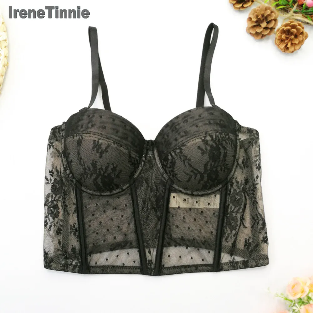 

IRENE TINNIE New Women Lace Camisole Sequined Bowknot Perspective Cropped Top Bustier Bra Female Night Club Party Tank Tops