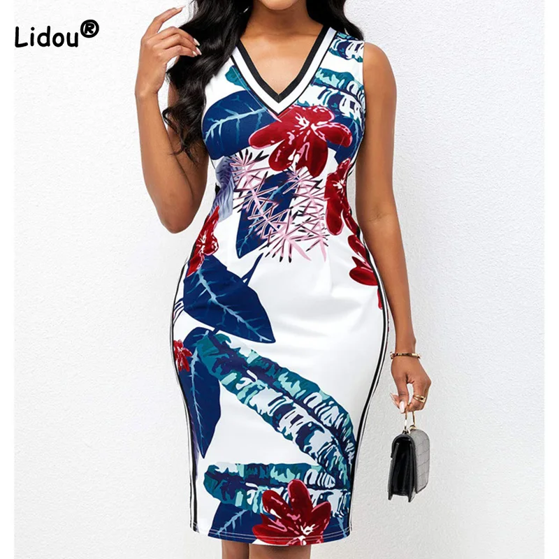 

Elegant Dress for Women Vintage Floral Print 2022 Summer Evening Party Sexy V-Neck Sleeveless Aesthetic Slim Bag Hip Midi Skirt
