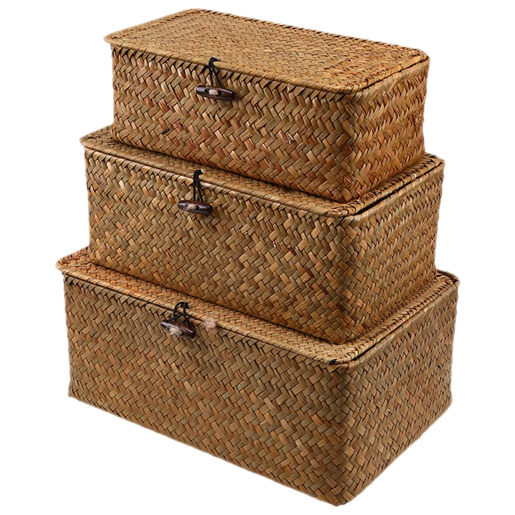 

3 Pcs Portable Storage Case Decorative Bins Lids Shelf Organizer Rustic Seaweed Lidded Basket