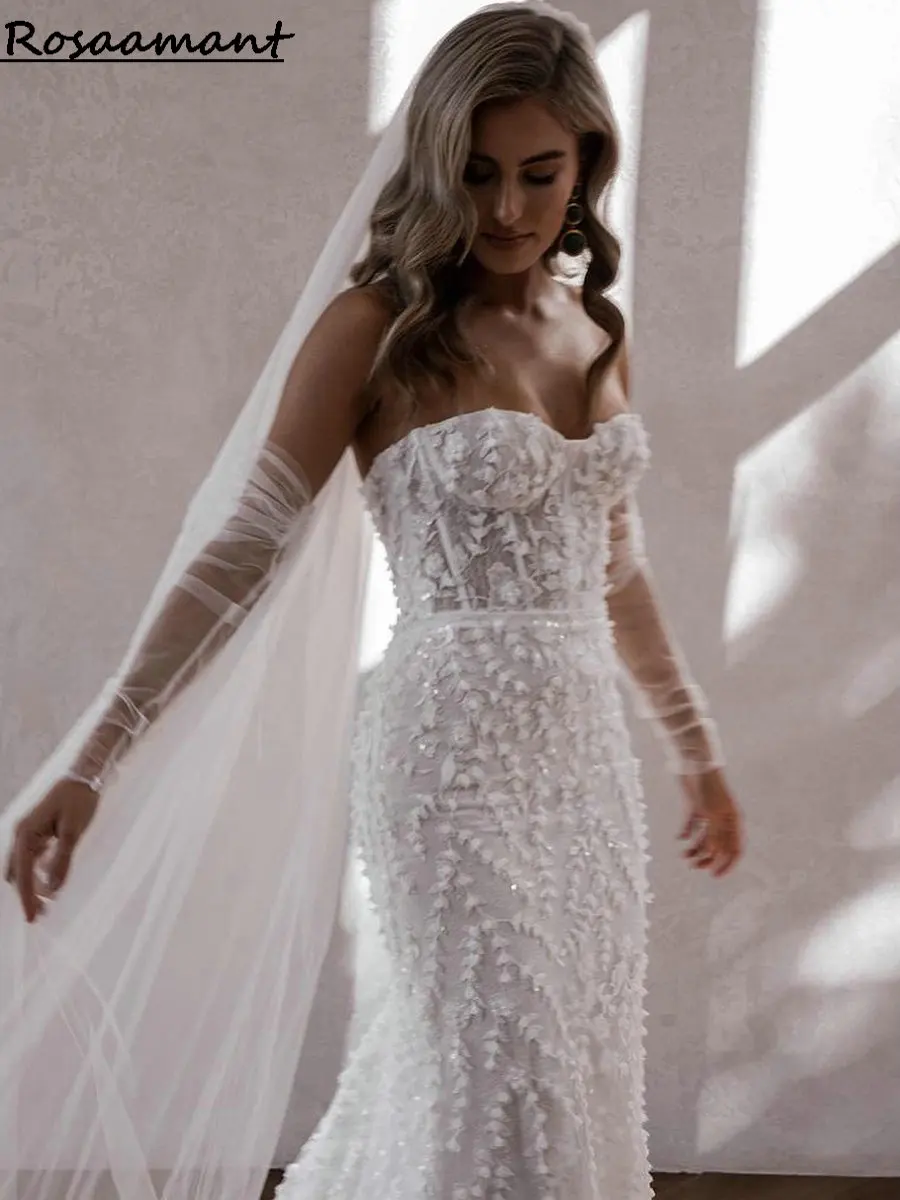 

Цветочное кружевное свадебное платье-русалка без рукавов в стиле бохо с 3D эффектом милой иллюзии свадебные платья