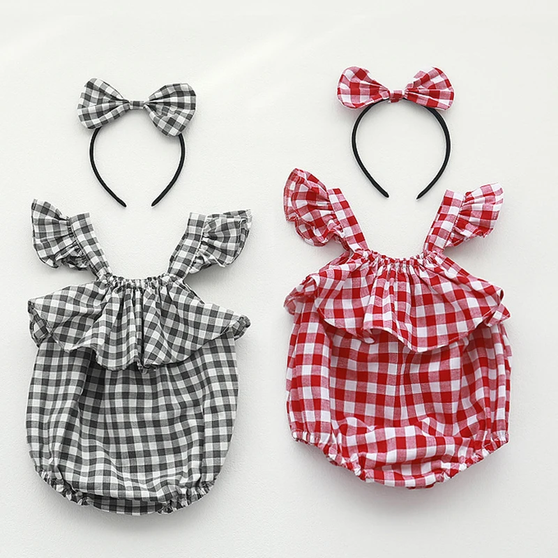 

Summer Toddler Baby Girl Romper+Hair Hoop Flying Sleeve Plaid Cotton Infant Baby Girls Jumpsuit 0-24M Children Clothes