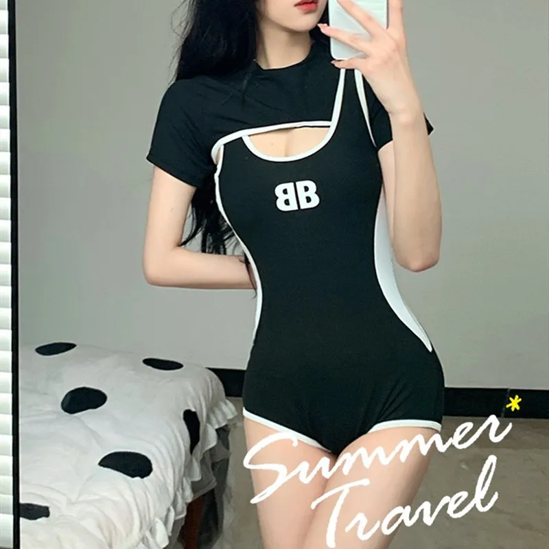

Short Sleeve Swimsuit Women's One Piece Sexy Swimwear Korean Classic Black White Push UP Hollow Bathing Suit Hot Spring Sports