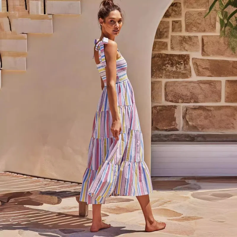 HMR-Новая женская одежда весенне-летнее клетчатое платье для отдыха на шнурке