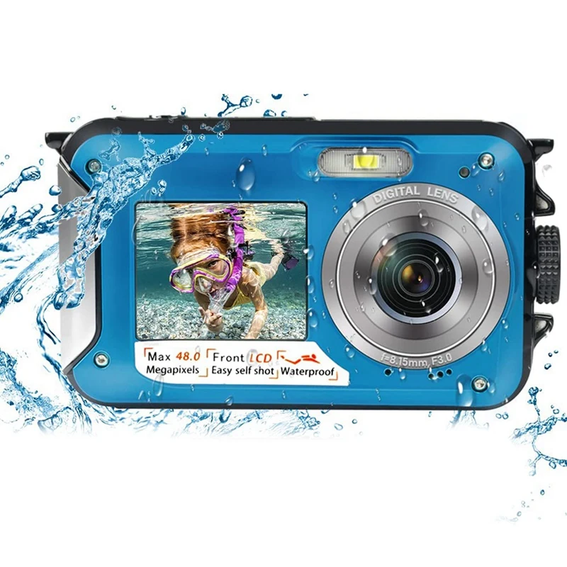 

Underwater Camera Full HD 2.7K 48MP Waterproof Camera For Snorkeling Dual Screen Waterproof Camera Self-Timer (Blue)