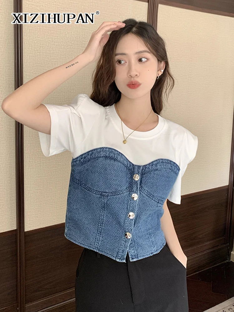 

XIZIHUPAN Casual Patchwork Denim T Shirt For Women Round Neck Short Sleeve Colorblock T Shirts Female Summer Clothes Fashion New