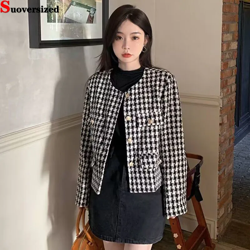 

Korean Chic Elegant Loose Short Coat Spring Woolen Vintage Chaquetas Sweet Causal Jaquetas Wool Blend Women Plaid Tweed Jacket