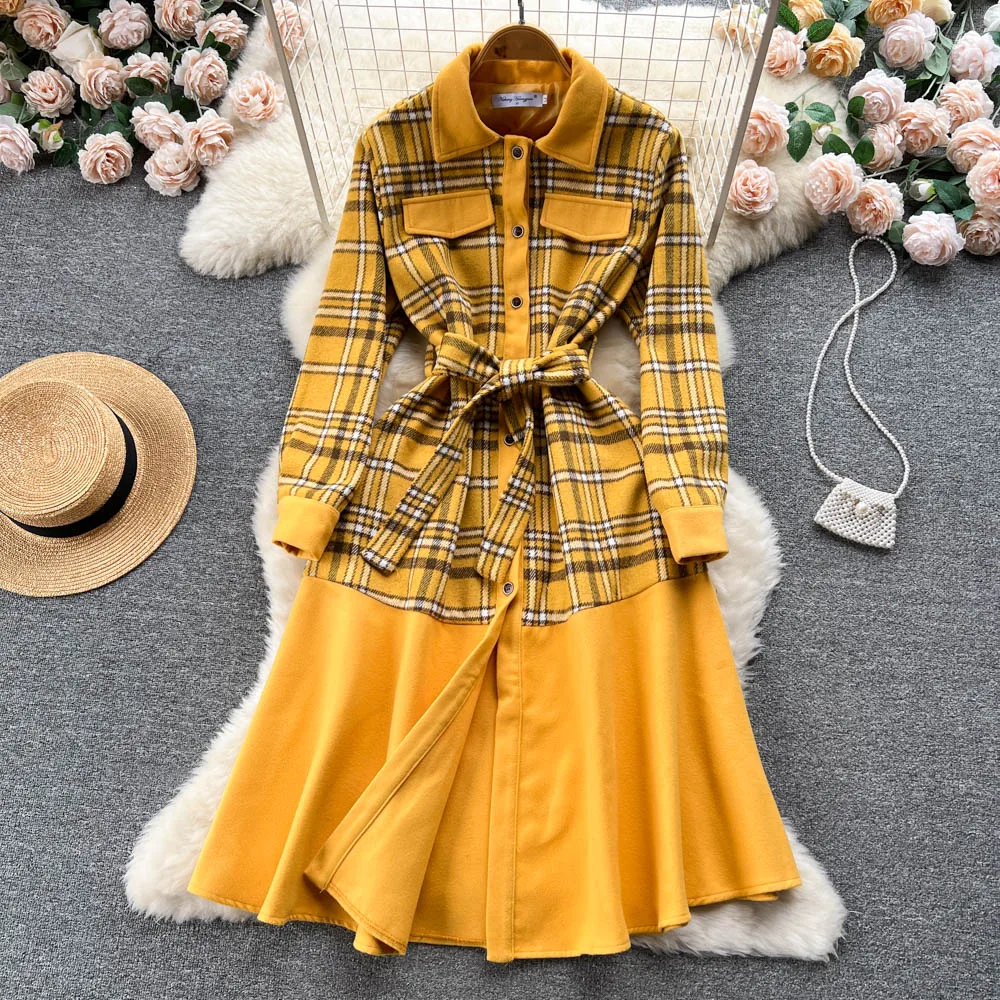 

Autumn and Winter Small Fragrant Style Patchwork Single-breasted Lapel Tweed Mid-length A-line Dress