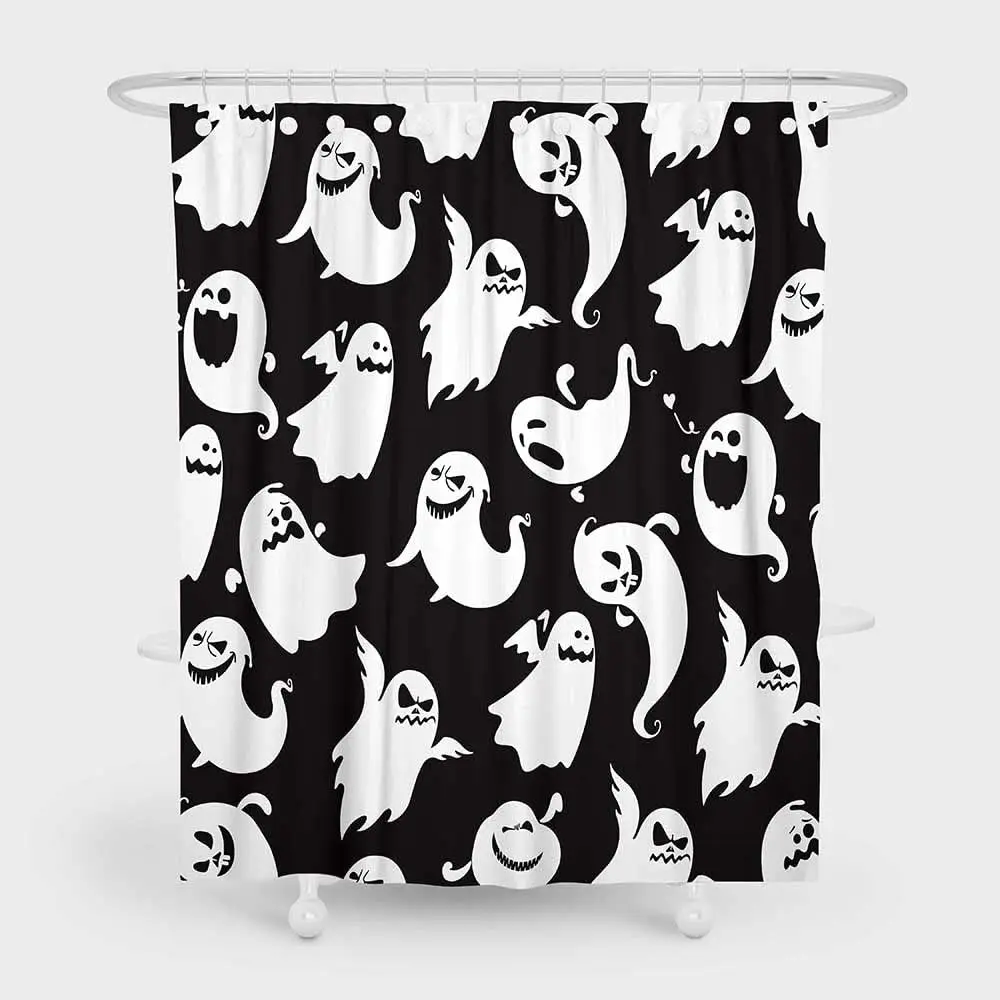 

Halloween Kids Shower Curtains Spooky Ghost Cute Funny Cartoon Ghosts Icons Black and White Fabric Home Bathroom Shower Curtain