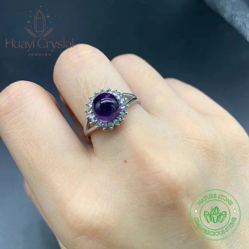 

Pure Natural Stone Amethyst Sunflower Ring Copper Plated White Gold Ladies Fashion Jewelry