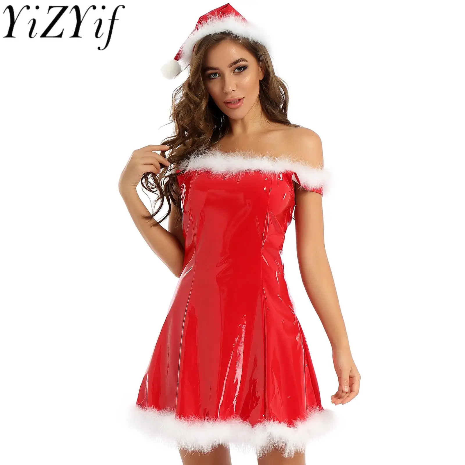 

Womens Mrs Santa Claus Xmas Dress Christmas Costume Cosplay Clubwear Sleeveless Latex White Feather Trim A-line Dress with Hat