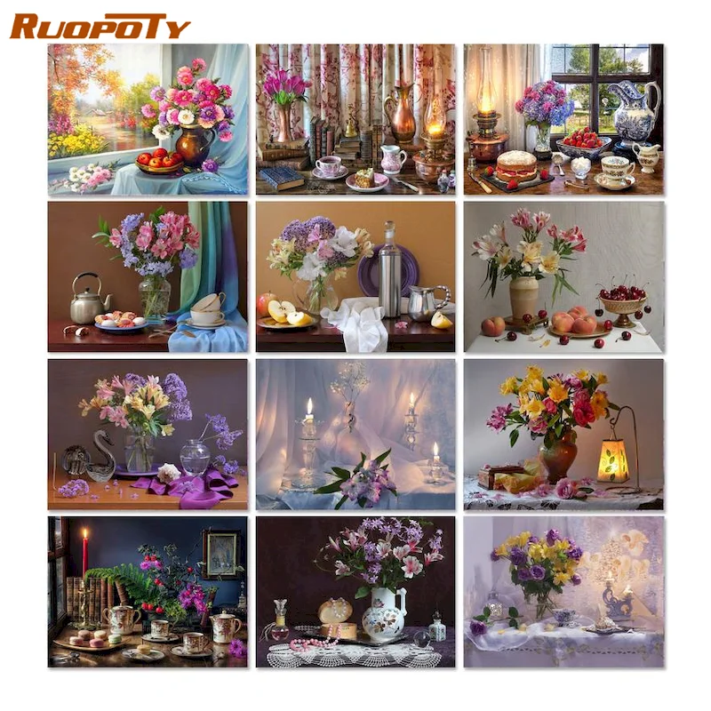 

RUOPOTY Paint By Number Flower DIY Pictures By Numbers Vase Kits HandPainted Kit Oil Painting Art Drawing On Canvas Gift Home De