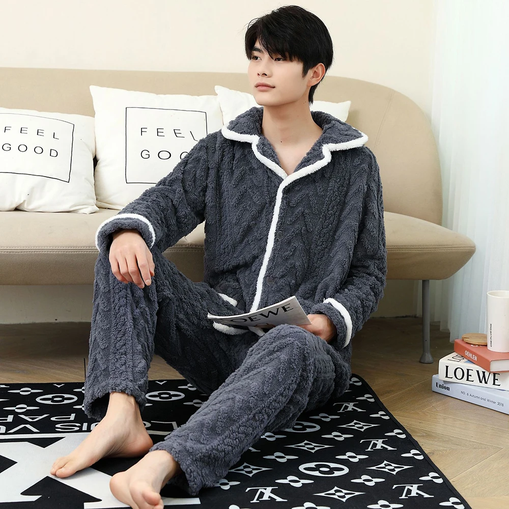 Men's Winter Solid Color Suit Grey Home Clothes Lapel Button Switch With Two Pockets Polyester Comfortable Thick Sleepwear